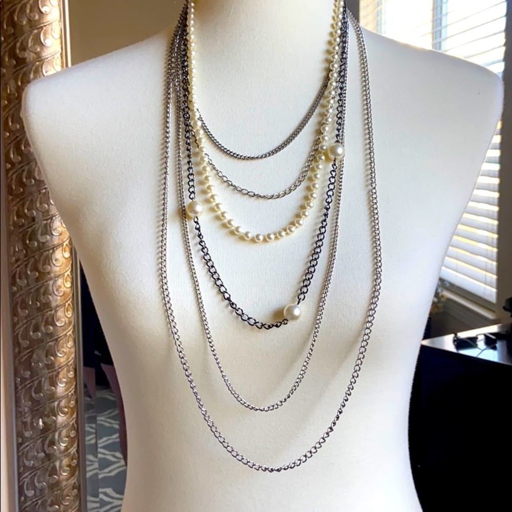 Layered long silver and pearl necklace